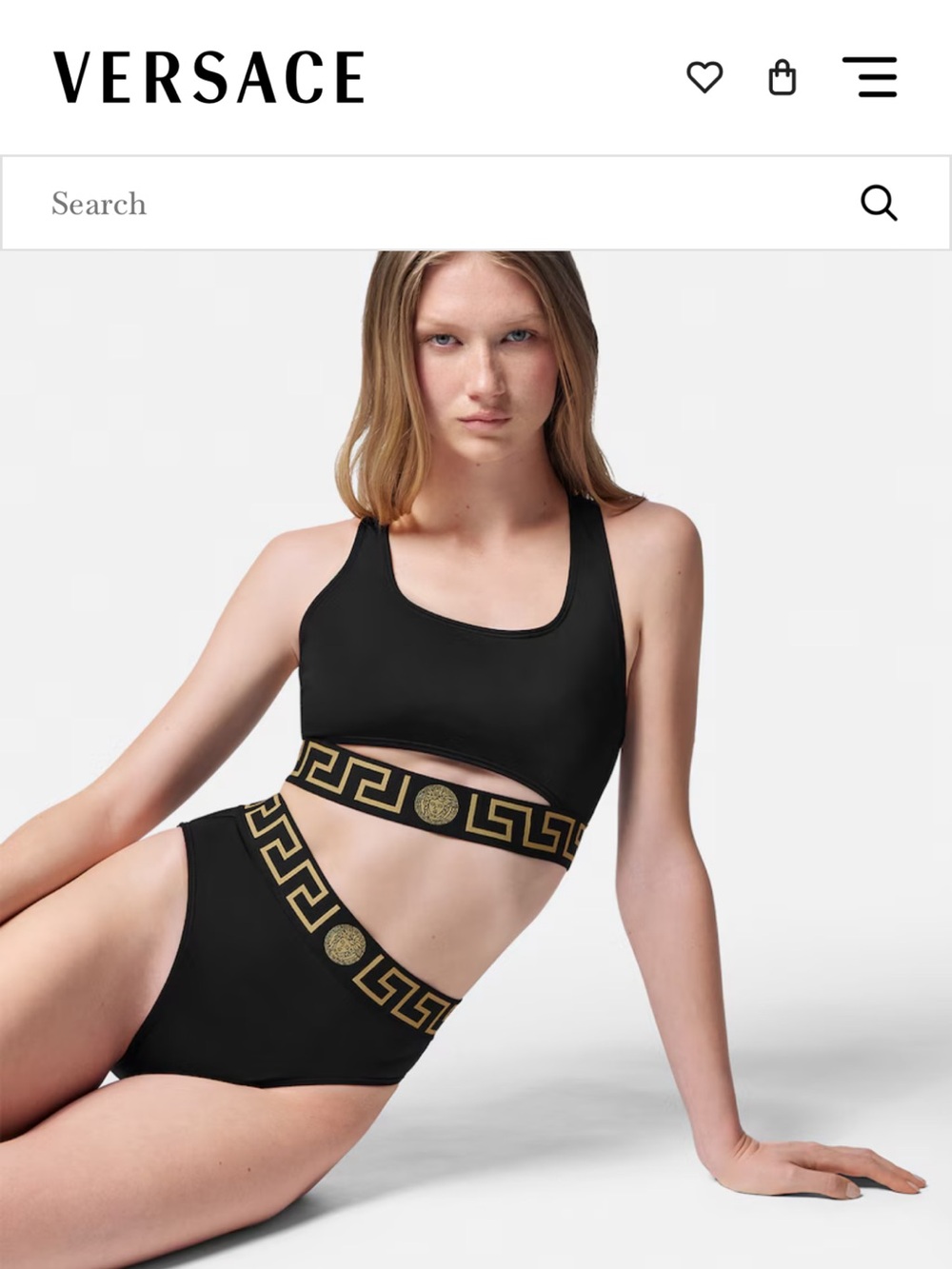 Versace High-Waist Black Bikini bottom with Gold Greek Key Trim